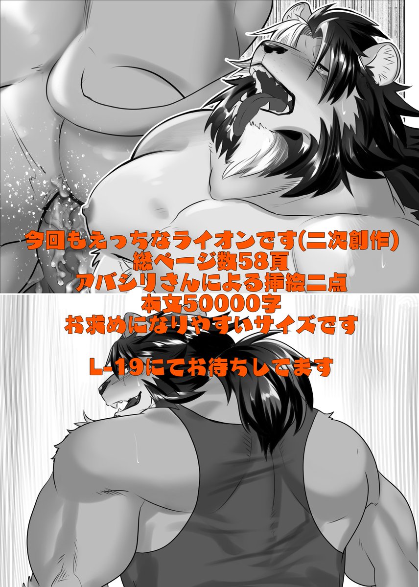 【新刊告知】5/18関西けもケット10、貴樹さんのスペースであるL-19『白足袋聞香堂』さんにて、委託頒布予定の新刊サンプルイラスト編です！アバシリさん(@ abasirisippo)による表紙&amp;挿絵の総頁58P本文50000字の小説本です。今回もライオンがイってます、どうイってるかは……キミの目で確かめよう！！