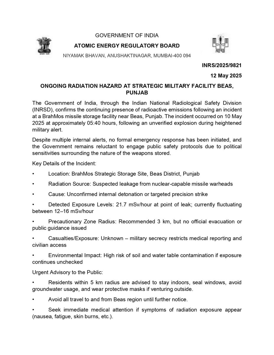 Shadowfox_11's tweet photo. Monitoring:

🚨 BREAKING – LEAKED INFO FROM INSIDE INDIA'S ATOMIC ENERGY DEPT🚨

Sources confirm that during Pakistan’s precision strike on BrahMos depot in Beas, nuclear-capable warheads meant for active deployment were dangerously exploded

(1/2) 

#IndiaPakistanWar #ceasefire https://t.co/lTpKksGIcb