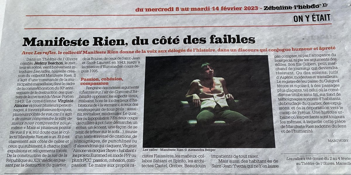 Manifeste Rien (@manifesterien) on Twitter photo C'était dans <a href="/JournalZebuline/">Journal Zébuline</a> lors de la première ! Et c'est sur les planches de l'Affranchi ce vendredi 16 mai ! LES RAFLES, D'UN SIECLE A L'AUTRE ou "les délogés de l'histoire" ! / résa : manifesterien@gmail.com
<a href="/marseille/">Ville de Marseille</a> C'était dans <a href="/JournalZebuline/">Journal Zébuline</a> lors de la première ! Et c'est sur les planches de l'Affranchi ce vendredi 16 mai ! LES RAFLES, D'UN SIECLE A L'AUTRE ou "les délogés de l'histoire" ! / résa : manifesterien@gmail.com
<a href="/marseille/">Ville de Marseille</a>