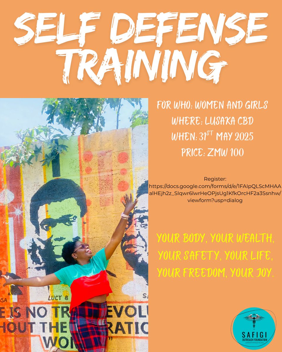 Your Body, Your Wealth — Protect It. Your Safety, Your Life — Live It.
Join SAFIGI’s first Self-Defense Workshop!
📍 Lusaka CBD | 💰 K100 | 🕙 10AM–1PM | 📅 31 May 2025
Empower your body. Protect your wealth.
Register - docs.google.com/forms/d/e/1FAI…
