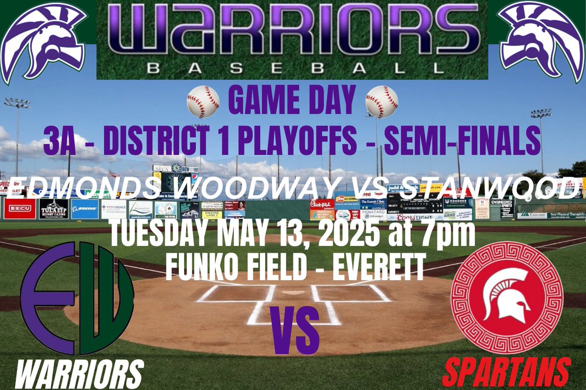 Come out to Funko Field in Everett tomorrow night to support your Warriors as they take on the Stanwood Spartans in a NW District 1 Semi-Final game!