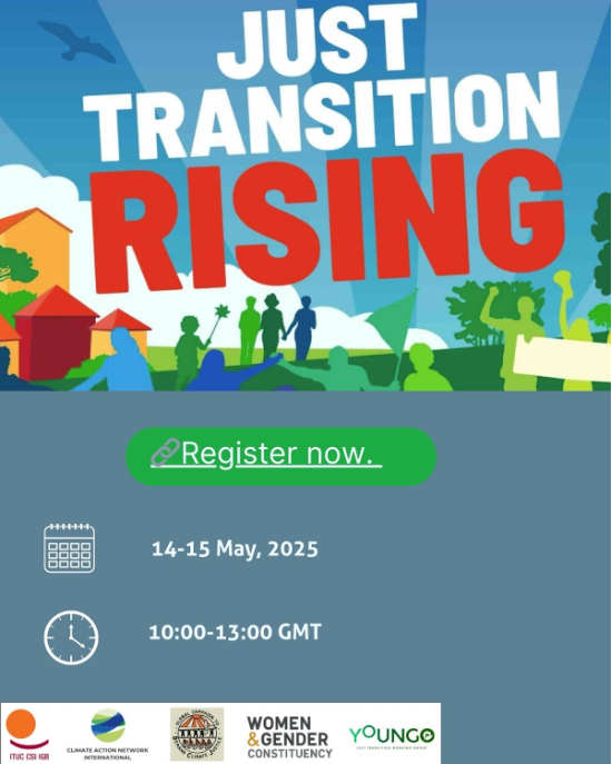 A Just Transition can’t wait. Join global voices 14–15 May as we unite behind a call for dignity, justice and action from the ground up.
#JustTransitionRising #JustTransition #RoadToCOP30 #ClimateJustice
Register now: bit.ly/4iI69fv