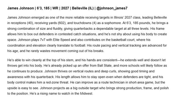 James Johnson (@johnson_james7) on Twitter photo Honored to be mentioned in the "Gateway Risers" article by <a href="/sixstarfootball/">Six Star Football | PLUS+</a>!!!
<a href="/CoachDocGooden/">Doc Gooden ILLSPORTS247</a>
<a href="/_CoachHarrison/">Michael Harrison</a>
<a href="/BELancerFB/">LANCER FOOTBALL</a>
<a href="/OJW_Scouting/">PrepRedzone Oliver</a>
<a href="/EDGYTIM/">Timothy “EDGYTIM” OHalloran</a>
<a href="/AllenTrieu/">Allen Trieu</a>
<a href="/JoshHelmholdt/">Josh Helmholdt</a> Honored to be mentioned in the "Gateway Risers" article by <a href="/sixstarfootball/">Six Star Football | PLUS+</a>!!!
<a href="/CoachDocGooden/">Doc Gooden ILLSPORTS247</a>
<a href="/_CoachHarrison/">Michael Harrison</a>
<a href="/BELancerFB/">LANCER FOOTBALL</a>
<a href="/OJW_Scouting/">PrepRedzone Oliver</a>
<a href="/EDGYTIM/">Timothy “EDGYTIM” OHalloran</a>
<a href="/AllenTrieu/">Allen Trieu</a>
<a href="/JoshHelmholdt/">Josh Helmholdt</a>