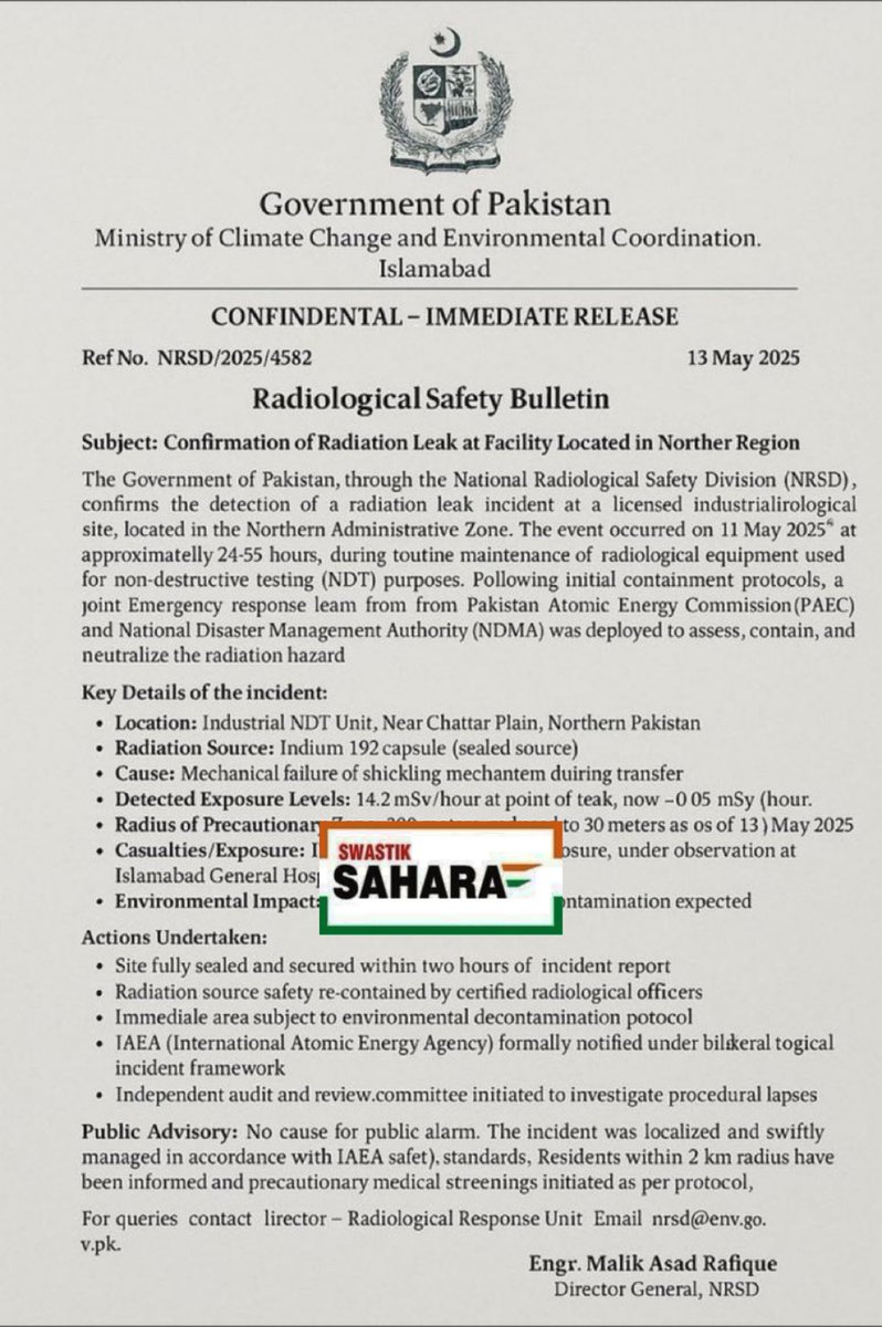 बहुत बड़ी खबर

- पाकिस्तान में तेज़ी से रेडिएशन लीक हो रहा है
- पाकिस्तान की सरकार ने रेडिएशन लीक स्वीकार किया है
किराना हिल्स का पूरा क्षेत्र ख़ाली करा लिया गया है. पब्लिक को दूसरी जगह भेजा जा रहा है
भारत ने कितना मारा है, इसकी गवाही #Pakistan की सरकार ख़ुद दे रही है