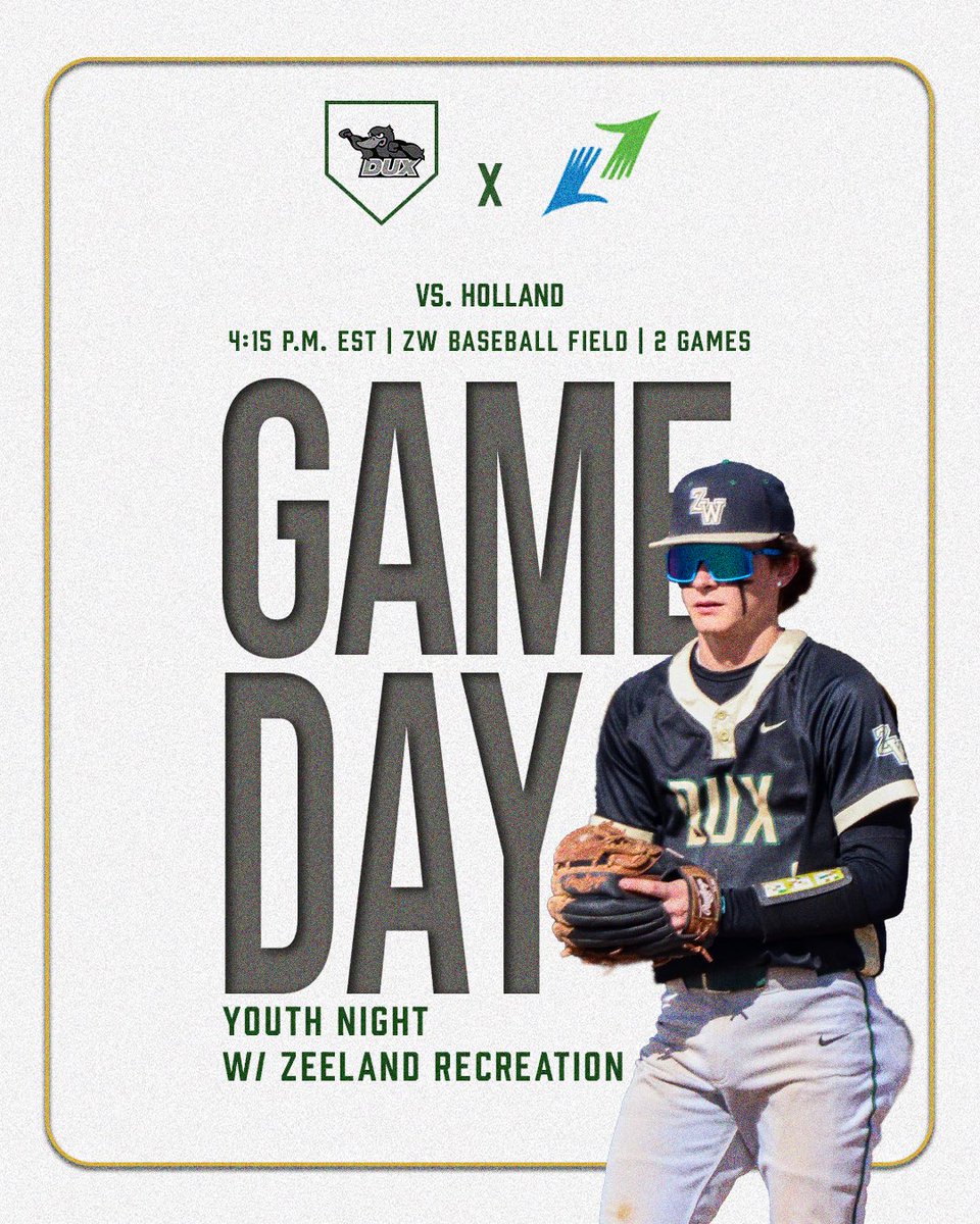 ‼️ GAMEDAY ‼️

Dux are hosting Holland for a conference double header at 4:15pm. It’s also Youth Night tonight! Can’t wait to spend some time between games with all of the future Dux. <a href="/ZeelandRec/">Mattie💮</a>
