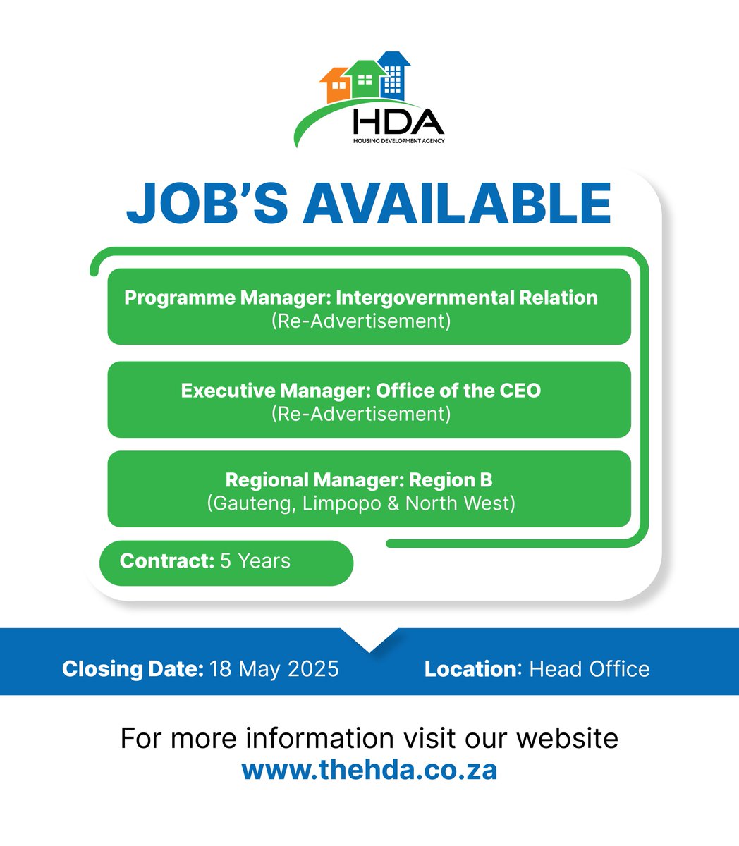 🌟 Ready to take your career to the next level? The HDA has some amazing opportunities waiting for you! Scroll down to explore our current job openings and jumpstart your application today. 🚀

Job title: Regional Manager: Region B (Gauteng, Limpopo &amp; North West) 

Main Purpose: