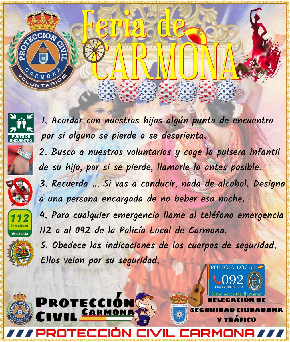 🇪🇦 𝐏𝐫𝐨𝐭𝐞𝐜𝐜𝐢ó𝐧 𝐂𝐢𝐯𝐢𝐥 𝐂𝐚𝐫𝐦𝐨𝐧𝐚 𝐢𝐧𝐟𝐨𝐫𝐦𝐚 🇪🇦
Desde Protección Civil Carmona queremos dejarte algunas normas de seguridad para que esta FERIA 💃🕺 2025, lee atentamente estas recomendaciones y ante cualquier emergencia puedes llamar al teléfono emergencia 112