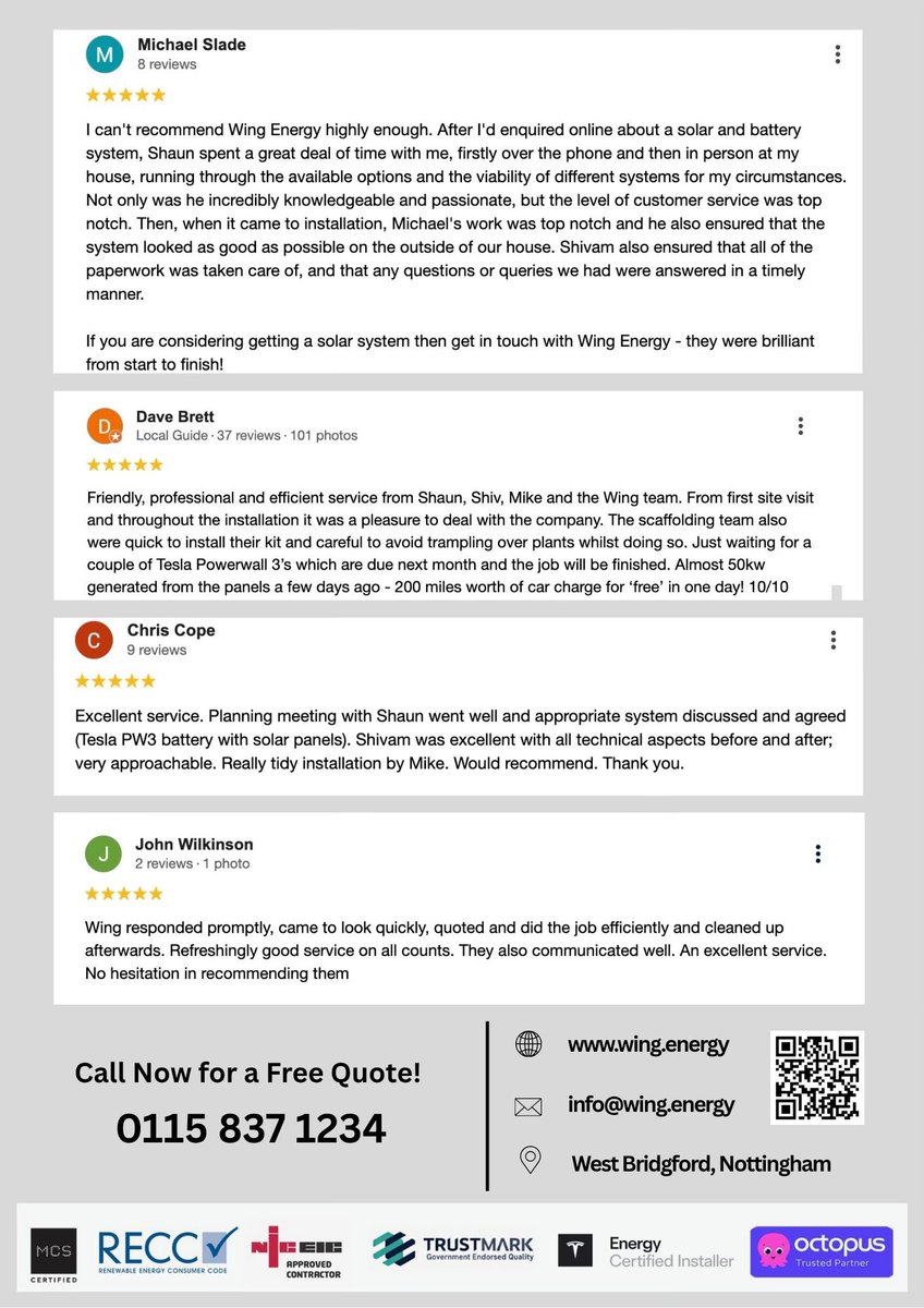wingenergy's tweet image. From Solar PV Panels to Battery Storage, EV Car Chargers to full Domestic & Commercial Systems, we’ve covered your clean energy future.
Call us today or visit our website wing.energy — let’s make your property solar smart!