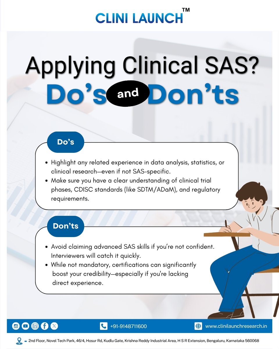 clinilaunch's tweet image. Want to build a career in Clinical SAS?

Clinilaunch’s Clinical SAS course trains you in SDTM, ADaM, CDISC &amp;amp; real clinical trial data—no fluff, just what recruiters look for.

📞 +91-9148711600
🌐 clinilaunchresearch.in
#ClinicalSAS #SASprogrammer #CDISC #SDTM
