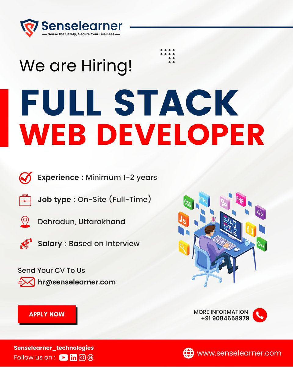SenselearnerL's tweet photo. We’re Hiring: Full Stack Web Developer (MERN Preferred)
Apply - hr@senselearner.com
#Hiring #FullStackDeveloper #mernstack #ReactJobs #nodejs #techjobsindia #dehradunjobs #edtech #senselearner #webdevelopment #backenddeveloper https://t.co/Avwtq2Mxeu