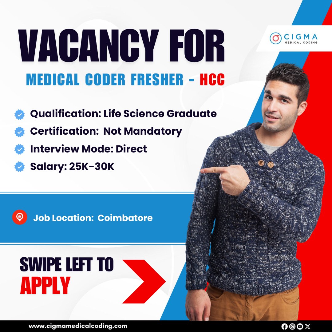 cigmahealthcare's tweet image. Vacancy for HCC Medical Coder - Fresher
Are you a Life Science graduate looking to kickstart your career in medical coding? Here’s your chance!
We are hiring freshers for the HCC Medical Coding process.
Apply now: cigmamedicalcoding.com/job-vacancies/…
#HCCMedicalCoding #MedicalCodingJobs