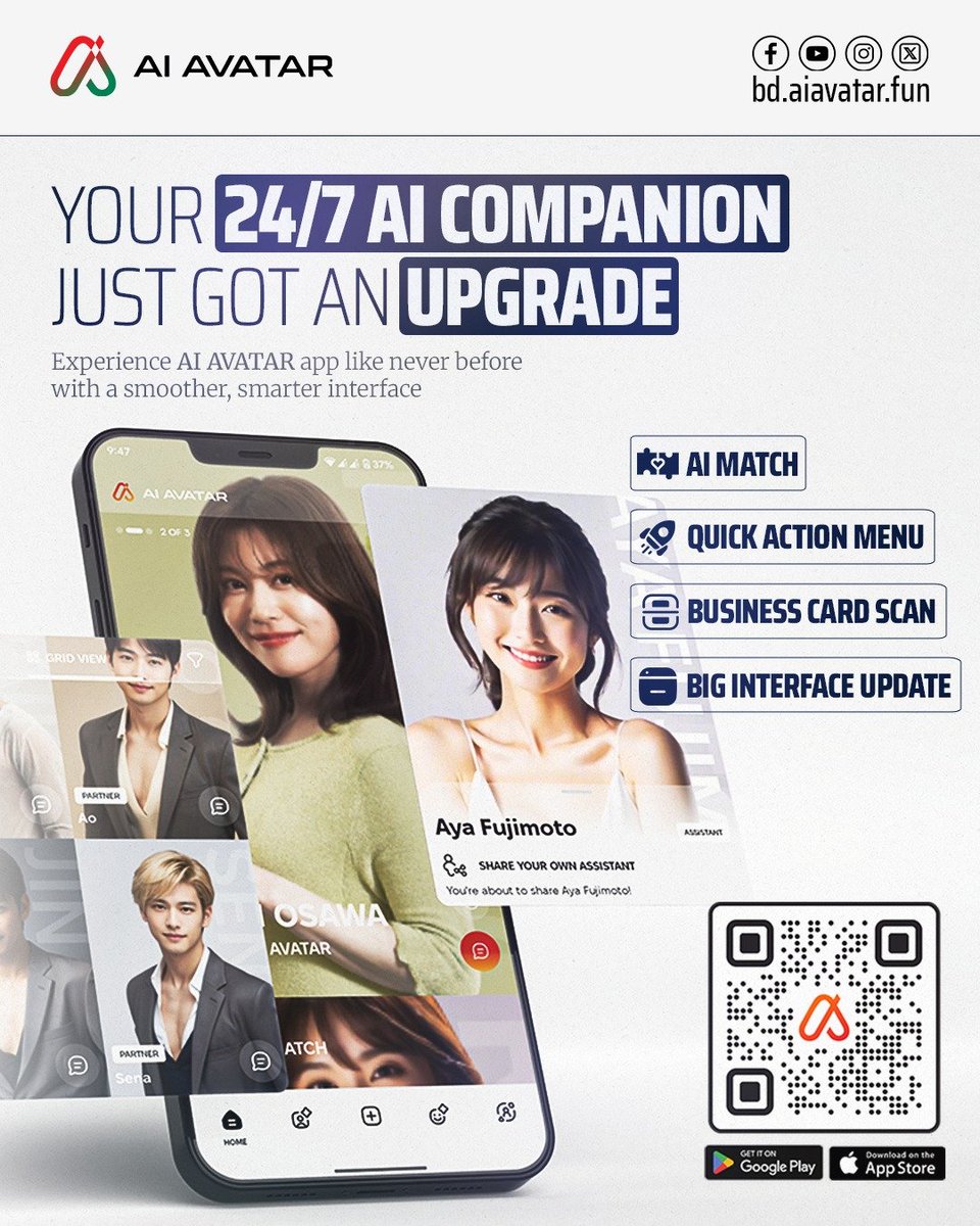 aiavatarbdltd's tweet image. Meet the NEW AI AVATAR!
Faster, smarter &amp;amp; more intuitive than ever.
Now with AI Match, Quick Actions &amp;amp; Biz Card Scan!
Your 24/7 AI companion just got an upgrade.
Update now.
#aiavatar #aicompanion #techlovers