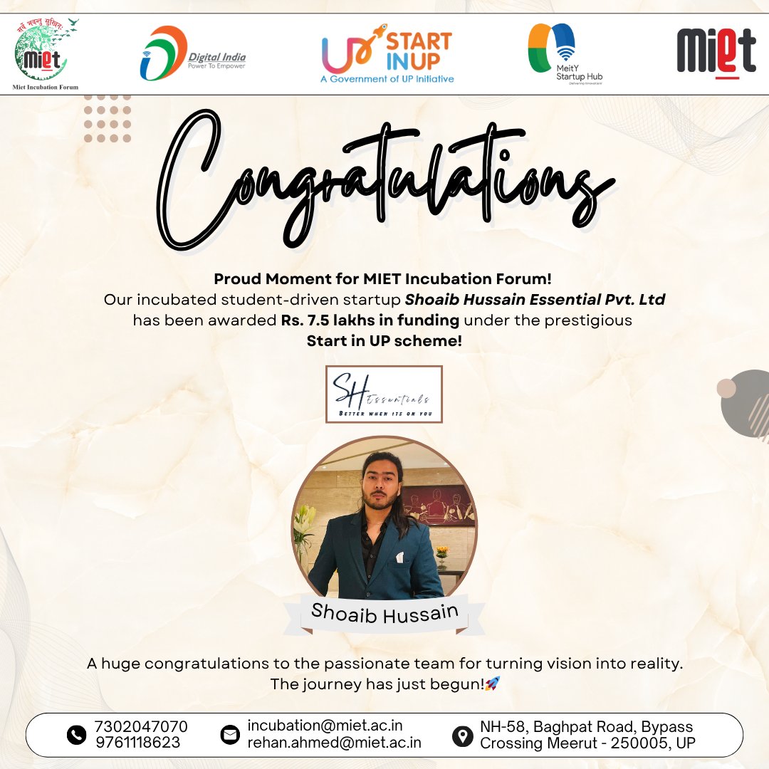 mietincubation1's tweet photo. 🚀 Big win for MIET Incubation Forum!
🎉 Shoaib Hussain Essential Pvt. Ltd bags ₹7.5L 💰 under #StartInUP 🏆
👏 Kudos to the team! 💡 #StartupSuccess #Innovation #MIET
@UPStartuppolicy
@startupindia
@MietMeerut10460 https://t.co/giEoRIN0Di