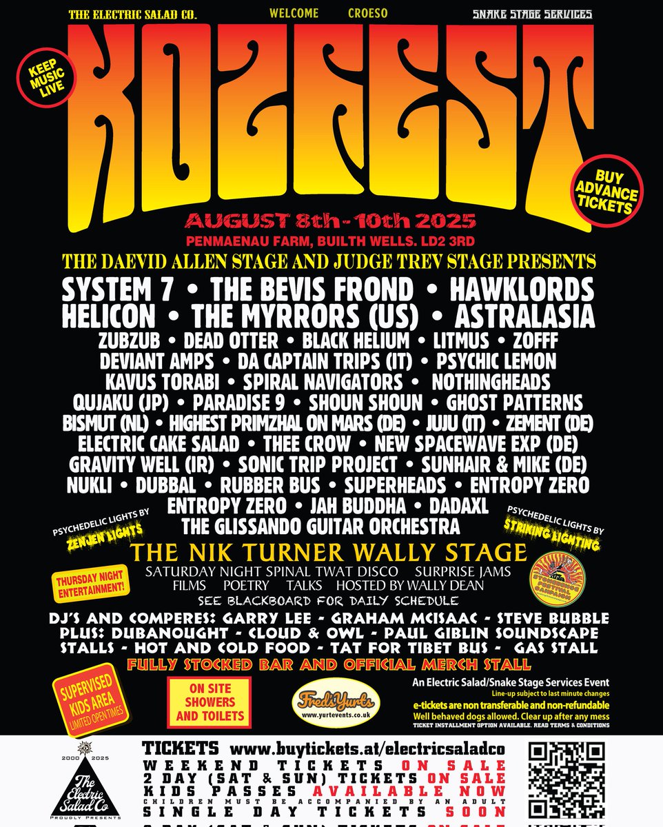 The Electric Salad Co Presents...

Kozfest 2025

3 days of fantastic psychedelic and psych music all in one handy field.

Tickets available from buytickets.at/electricsaladco