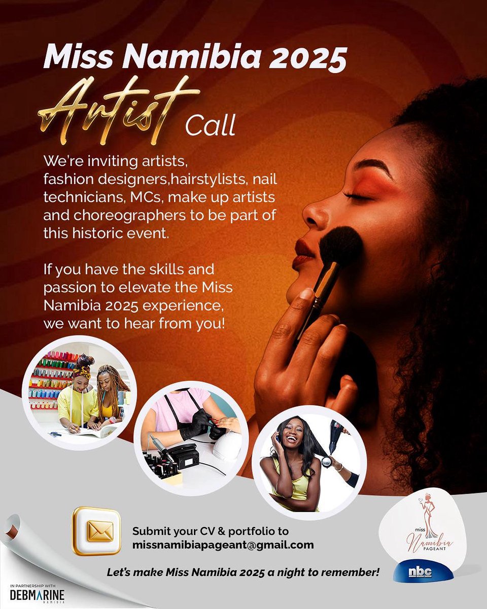 📣 Calling all creatives!

Artists, designers, hairstylists, nail technicians, choreographers &amp; MCs — join the historic Miss Namibia 2025 in Oshana this July!

🚨 Deadline: 14 May 2025
📩 Send CV + portfolio: missnamibiapageant@gmail.com

#MissNamibia2025 #missteennamibia2025