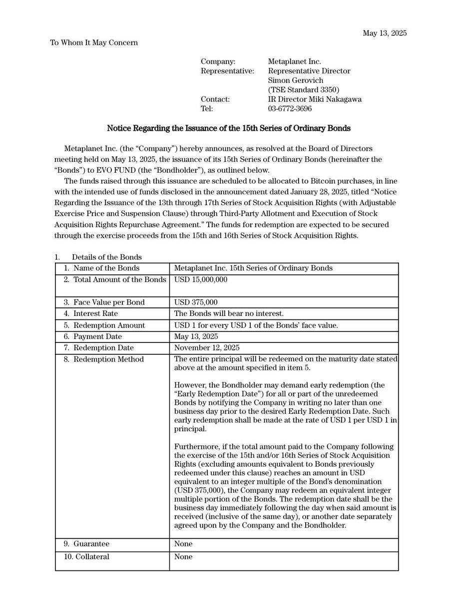 JUST IN: 🇯🇵 Metaplanet Issues $15 Million in bonds to buy more #Bitcoin