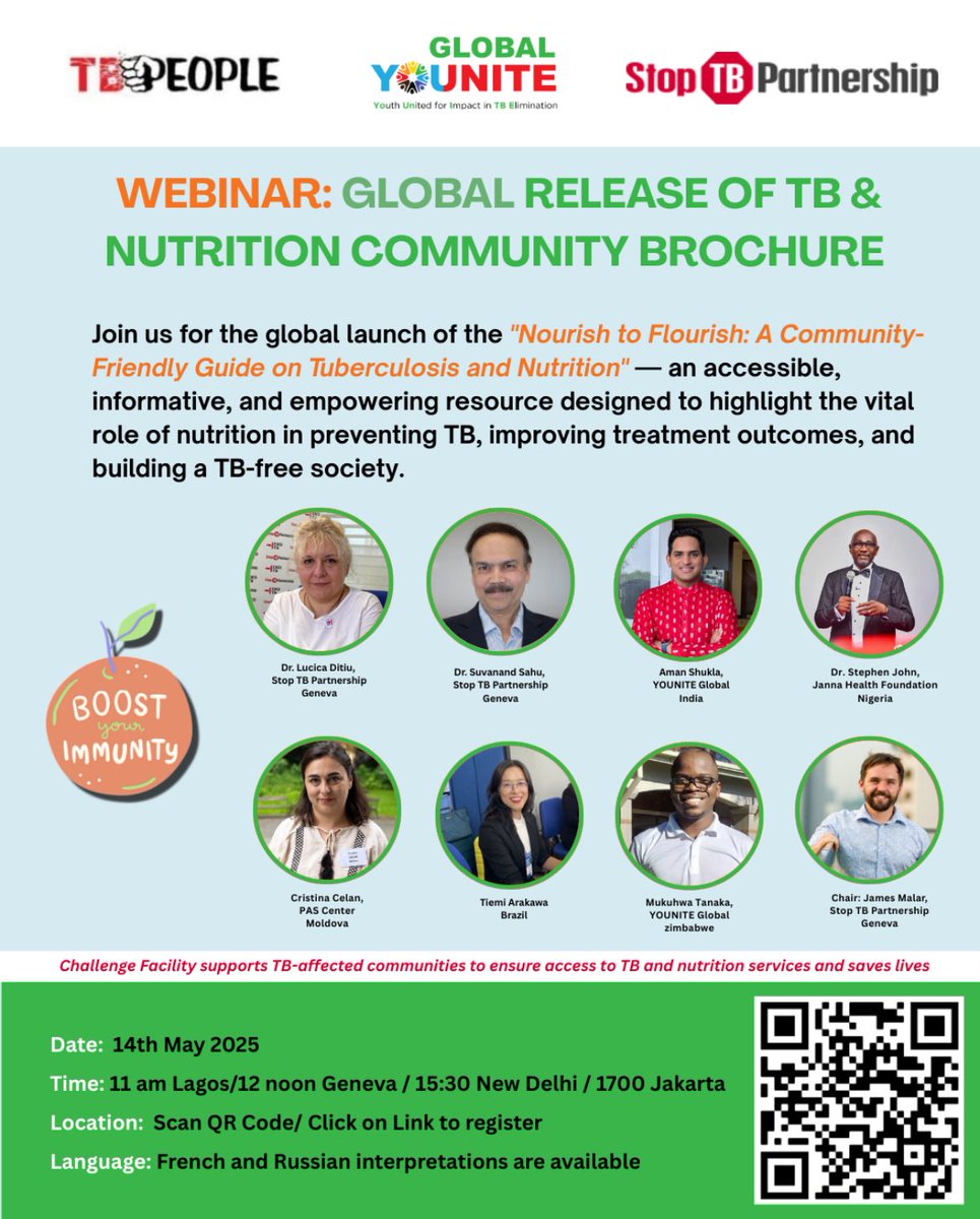 Happening Tomorrow!

Join us for the launch of “Nourish to Flourish” a youth-led, community-centred brochure that sheds light on the powerful intersection of nutrition and #TB 
14 May | 11am Lagos | 12pm Geneva | 3:30pm New Delhi | 5pm Jakarta

Register: us06web.zoom.us/meeting/regist…