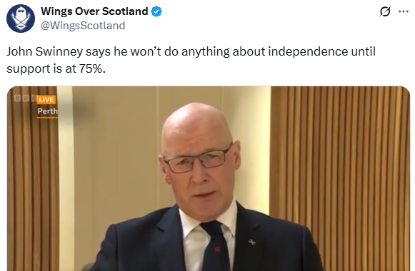 indy_swim's tweet image. John didn’t say that at all. Once again, the bigot from Bath is making stuff up. John was comparing the 1997 election result — not the referendum — to the level of support he&apos;d want to see before holding a new referendum (i.e. pro-Holyrood parties winning over 50% of the vote)