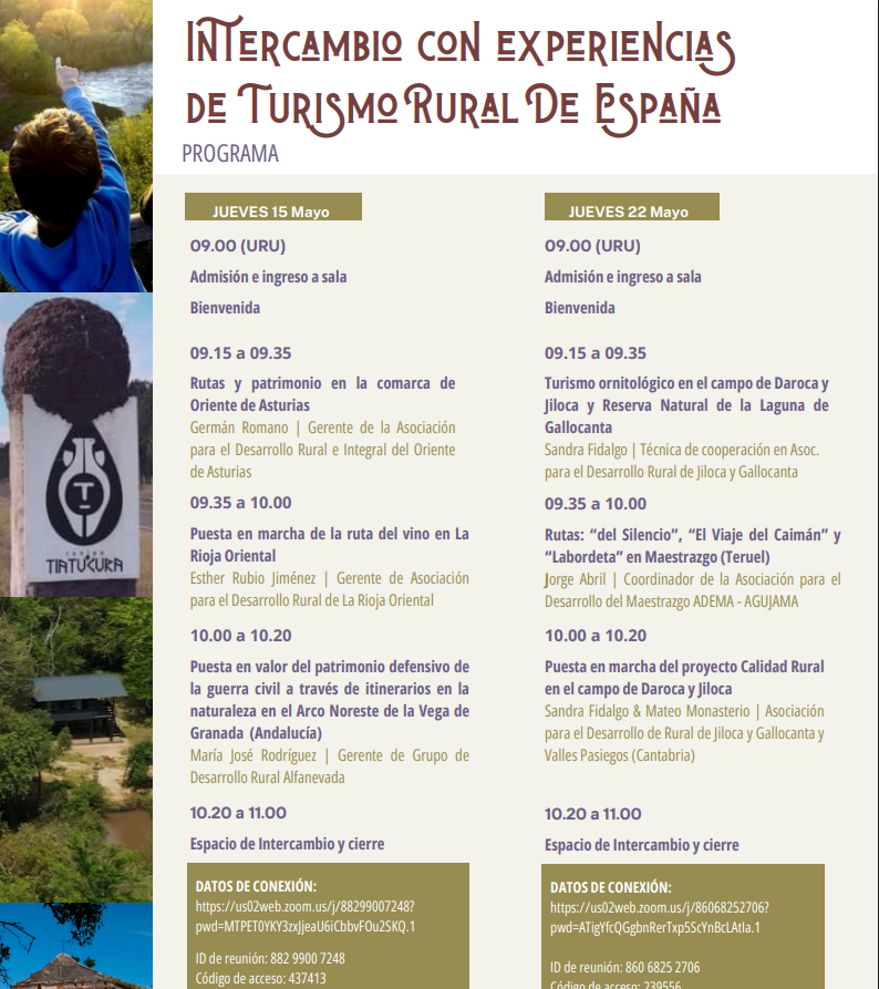 Intercambio Con Experiencias De Turismo Rural De España se celebrara el 15 de mayo de 9 a 11h y el 20 de mayo de 9 a 11h