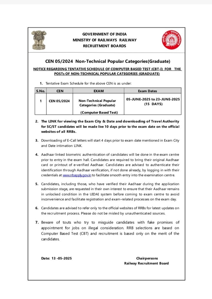 JaySinghMeena_'s tweet image. NOTICE REGARDING TENTATIVE SCHEDULE OF COMPUTER BASED TEST (CBT-I) FOR THE POSTs OF NON-TECHNICAL POPULAR CATEGORIES (GRADUATE) UNDER CEN 05/2024.
#NTPC_EXAM_DATE 
#NTPC