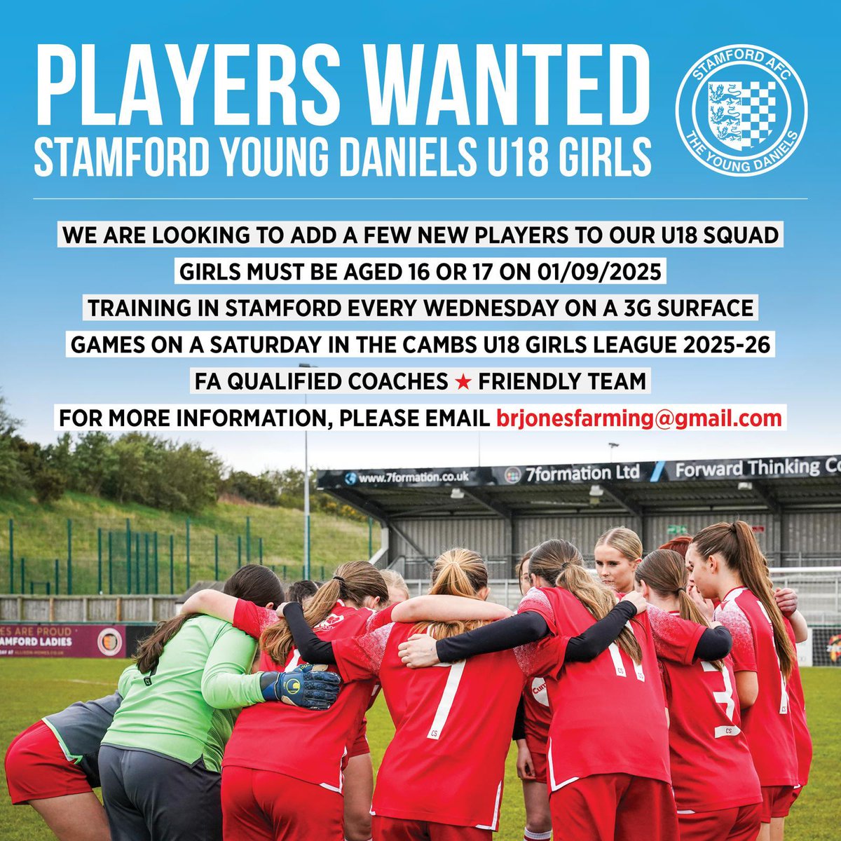 Stamford AFC Young Daniels (@theyoungdaniels) on Twitter photo Our Under-18s Girls (2025/26) are looking to add to their squad for next season, playing in the Cambs League on Saturdays.
Please email brjonesfarming@gmail.com for more information.
#grassrootsfootball #youthfootball #nonleague #girlsfootball #womensfootball Our Under-18s Girls (2025/26) are looking to add to their squad for next season, playing in the Cambs League on Saturdays.
Please email brjonesfarming@gmail.com for more information.
#grassrootsfootball #youthfootball #nonleague #girlsfootball #womensfootball