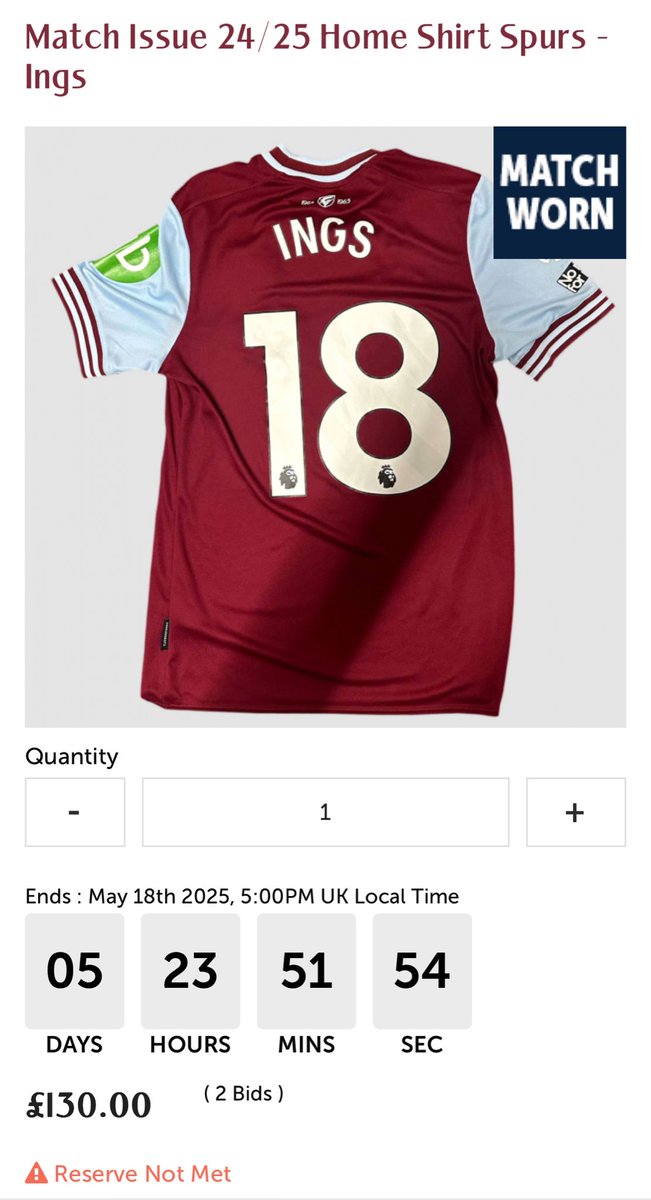 WHUsigned's tweet image. I often dig out sellers for peddling crap products at high prices, but didn’t think it’d be the official club shops auction page……this Danny Ings shirt auction has a large “Match Worn” banner plastered on it, but is then described as Match Issue - but remember, he didn’t come…