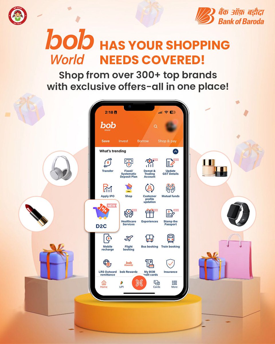 bankofbaroda's tweet photo. Shop top brands directly through bob World! Get exclusive offers and shop from over 300 top brands—all directly from the app!
Login->What's Trending->D2C
Download and shop now!
https://t.co/E4Fionpyet
#bobWorld #SmartShopping #D2C #AllInOneApp https://t.co/k3Xp5NG9xs