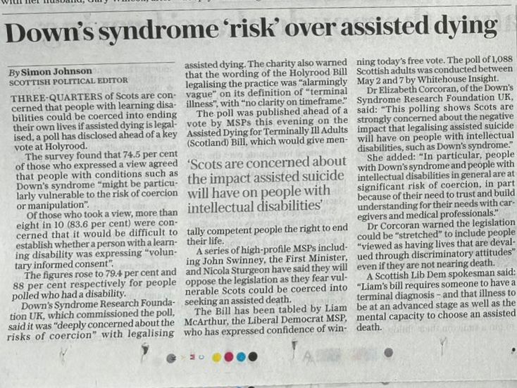 DSRF_UK's tweet image. New poll by @WStoneInsight  reveals most Scots are deeply concerned about risks of #assistedsuicide for people with #Downsyndrome &amp;amp; #intellectualdisability
Our Chair, Dr Corcoran, speaks on this in today’s @Telegraph , ahead of the #Holyrood vote.

#AssistedDyingScotland