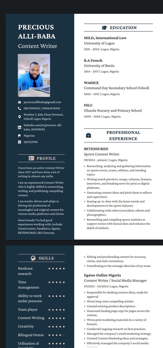 jackson_precy's tweet photo. Hello!

My name is Precious Alli-baba; a seasoned Content Writer with 7 years of experience, who's highly skilled in researching, writing and publishing compelling content.

I specialise in diverse niches; particularly lifestyle and tech. https://t.co/Nnz0McJUIb