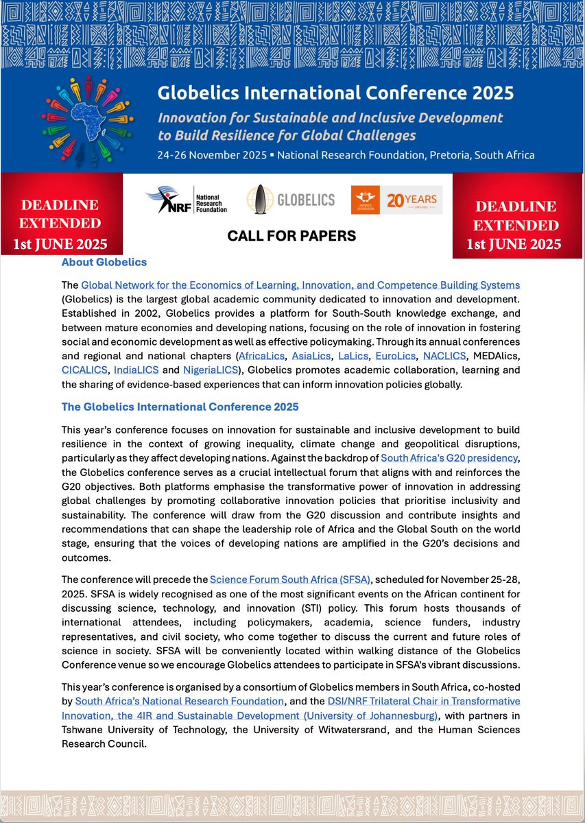 Deadline extended to 1st June! Here is your chance to submit your papers! Appy today: globelicsnetwork.org/globelics-inte…