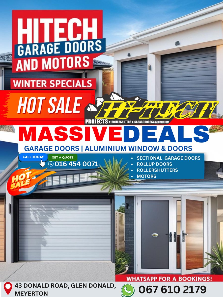 Hi_Techproject's tweet image. 🚪✨ Upgrade with HiTech Garage Doors & Motors – expert installs & fast repairs you can trust!
📍 43 Donald Rd, Glen Donald, Meyerton
📞 016 454 0071 | 067 610 2179
Free quotes – call or DM us now!
#GarageDoors #HiTechGarage #HomeImprovement #Renovation #SmartHome