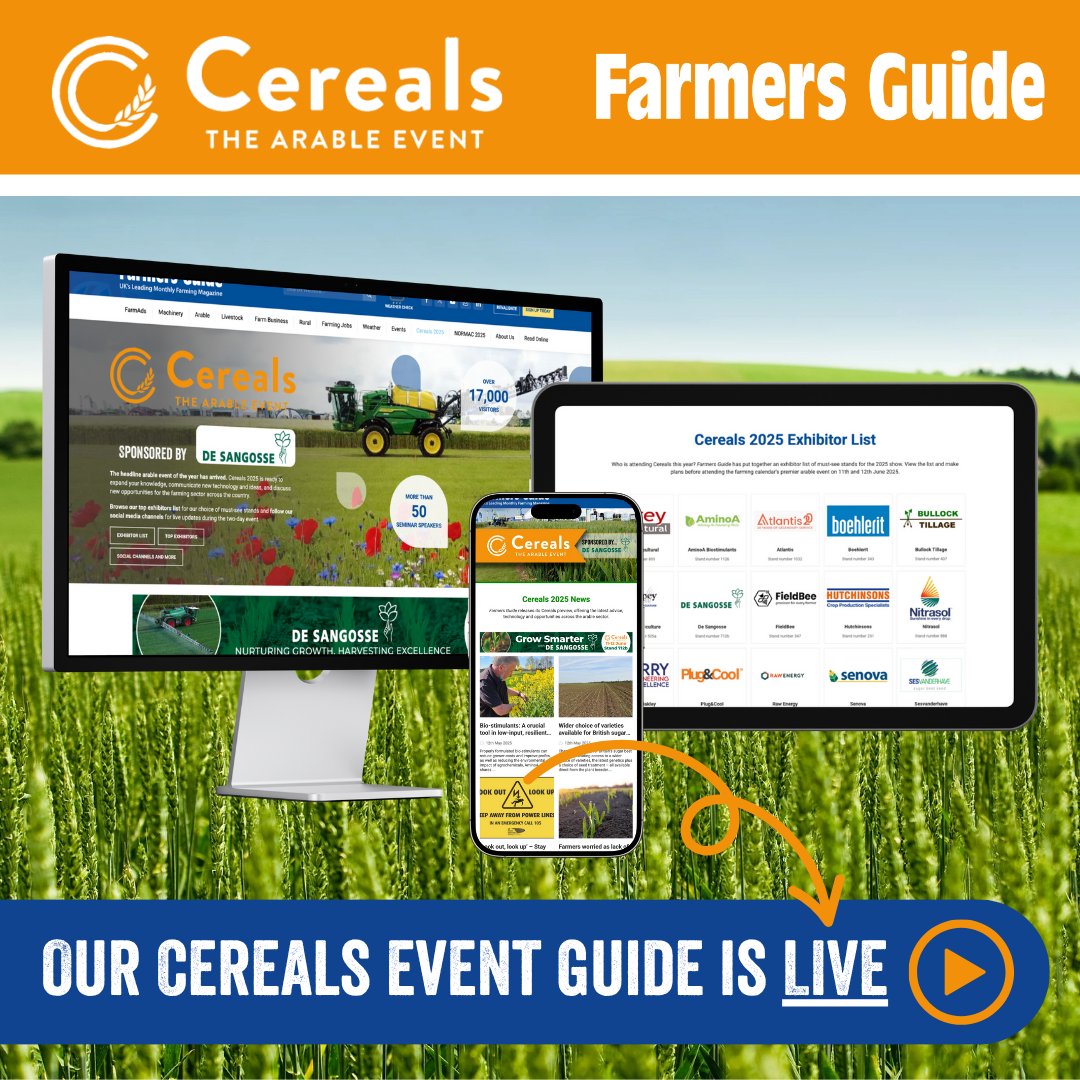 Our Cereals Event Guide 2025 is now LIVE! 🎉

View our top exhibitor recommendations, latest news and event previews ➡️ bit.ly/cereals-event-…

#cereals #cereals2025 #CerealsEvent2025 #ArableFarming #SeeItAtCereals #farming #farmers #agri #agriculture #farmingevent #farmers