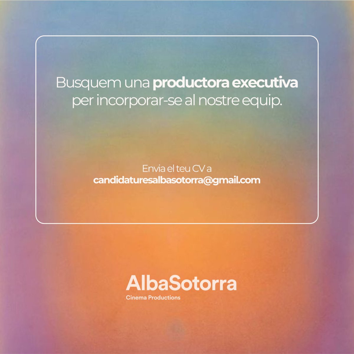 Alba Sotorra (@albasotorra) on Twitter photo 📝 Oferta de feina! 📝
Busquem una productora executiva per unir-se al nostre equip. Imprescindible tenir experiència com a productora executiva en cinema de ficció, i valorarem l'experiència en animació.
Podeu enviar la vostra candidatura a candidaturesalbasotorra@gmail.com ✨ 📝 Oferta de feina! 📝
Busquem una productora executiva per unir-se al nostre equip. Imprescindible tenir experiència com a productora executiva en cinema de ficció, i valorarem l'experiència en animació.
Podeu enviar la vostra candidatura a candidaturesalbasotorra@gmail.com ✨