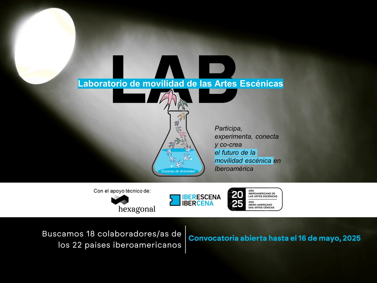 La convocatoria de #IBERESCENALAB cierra el próximo viernes 16 de mayo. 

⚫#Laboratorio híbrido. Si te interesa experimentar, conectar y co-crear el futuro de la movilidad escénica en Iberoamérica, aún estás a tiempo de apuntarte. 

🔗Más detalles: acortar.link/Bb1Jpr