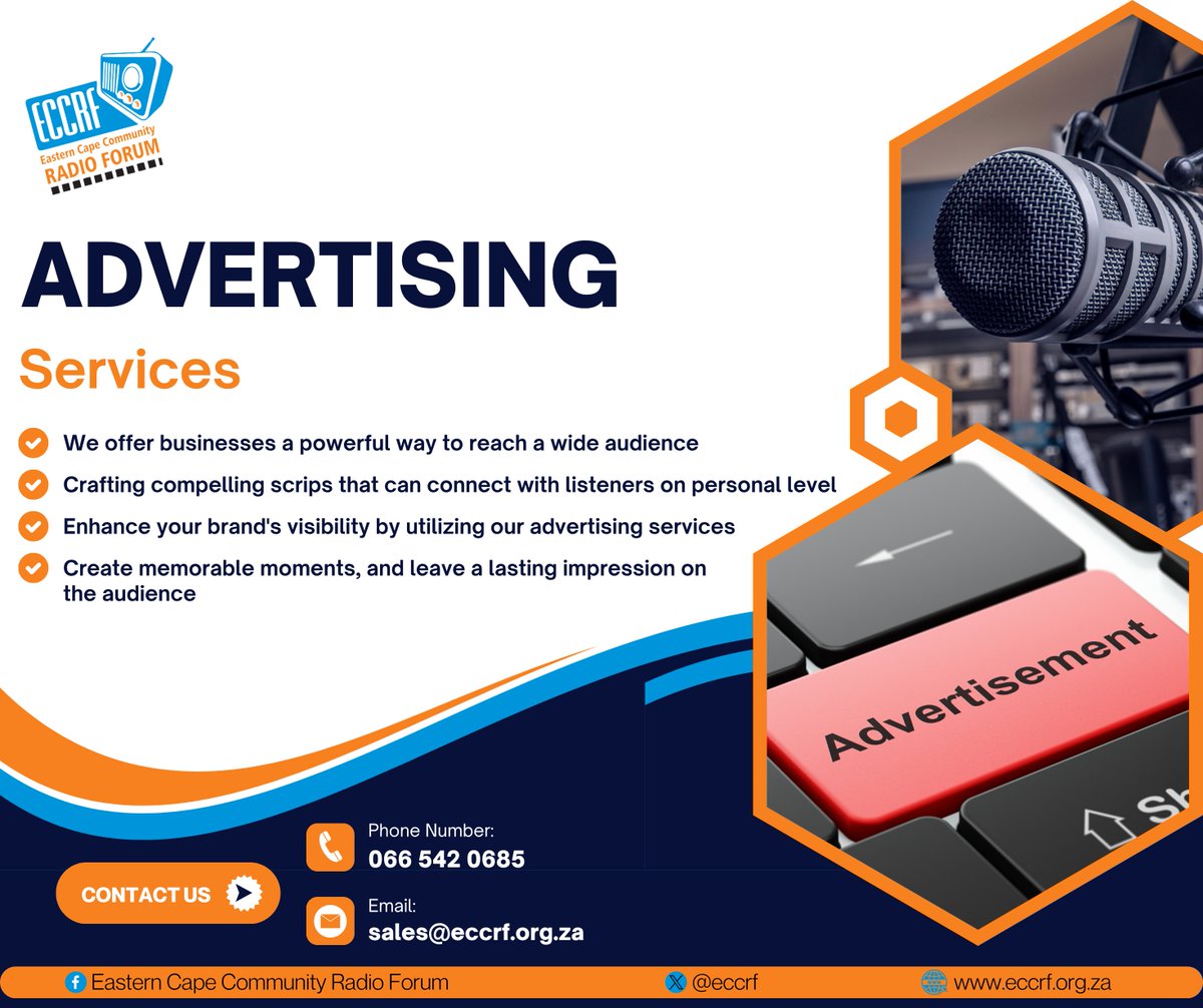 📢 Advertise Where It Matters Most!

Reach real people, in real communities across the Eastern Cape with ECCRF Advertising Services.

🎙️ Affordable • Trusted • Local

Your brand, your voice — on air!
📞 Book now on 066 542 0685

#Advertising 
#supportlocalbusinesses