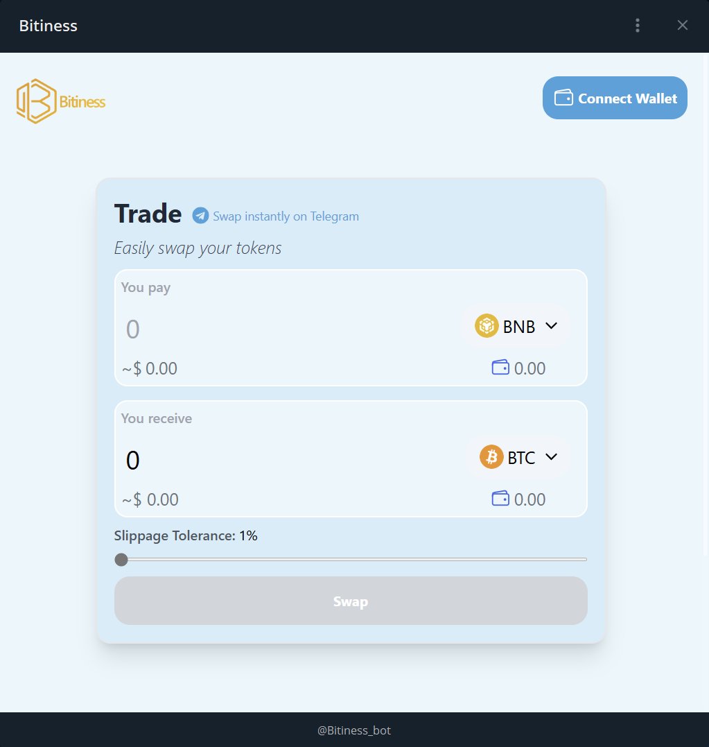 Bitiness (@bitinessglobal) on Twitter photo How to Use the Bitiness Telegram Mini App — in 4 Easy Steps👀
No more tabs. No more waiting.
Just Tap, Swap, and Go! 🔁
Here’s how to get started with #Bitiness right inside <a href="/telegram/">Telegram Messenger</a>:
1️⃣ Open Telegram & go to 👉 t.me/Bitiness_bot
2️⃣ Connect your Wallet (<a href="/TrustWallet/">Trust Wallet</a>, How to Use the Bitiness Telegram Mini App — in 4 Easy Steps👀
No more tabs. No more waiting.
Just Tap, Swap, and Go! 🔁
Here’s how to get started with #Bitiness right inside <a href="/telegram/">Telegram Messenger</a>:
1️⃣ Open Telegram & go to 👉 t.me/Bitiness_bot
2️⃣ Connect your Wallet (<a href="/TrustWallet/">Trust Wallet</a>,