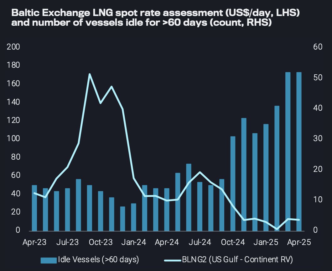 A wave of LNG carrier newbuilds and reduced voyage distances continue to weigh on spot rates for vessel employment. Is vessel utilisation at a record low?

In April, the number of LNG carriers idle for &gt;60 days averaged above 50. Vortexa’s Head of LNG Felix Booth takes an