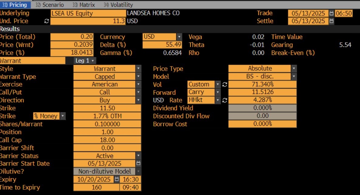 $LSEA $LSEAW

LSEA former SPAC getting acquired, Warrants have chance of control protection.  Just a reminder it is 10:1 Exercise

We calculate a value of 20c assuming a 7/31 close (guidance for early Q3)

Trading at a premium in premarket, think investors might be missing the