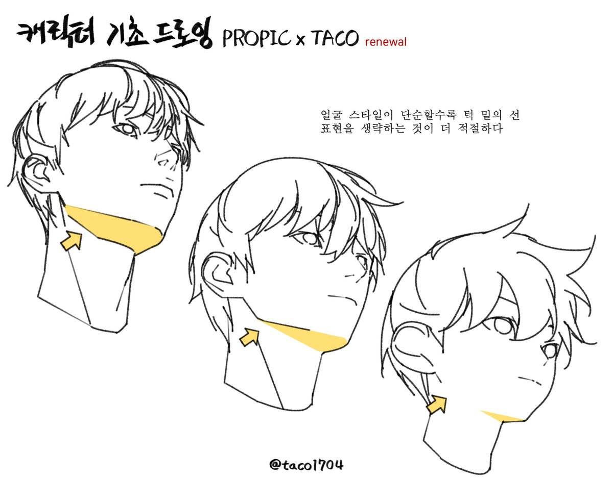 얼굴 스타일이 단순할수록 턱 밑의 선 표현을 생략하는 것이 적절하다 
顔のスタイルがシンプルであればあるほど, 顎の下の線の表現を省くのが適切だ