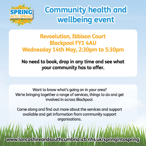 Blackpool Researching Together (@blackpoolhdrc) on Twitter photo Weโre at Revoelution today for <a href="/LSCICB/">Lancashire and South Cumbria ICB</a> Spring into Spring ๐บ
Come along to Revoelution, Ibbison Court from 2.30pmโ5.30pm today for FREE health checks, taster sessions, and plenty of ideas to keep active and connected!
#SpringIntoSpring Weโre at Revoelution today for <a href="/LSCICB/">Lancashire and South Cumbria ICB</a> Spring into Spring ๐บ
Come along to Revoelution, Ibbison Court from 2.30pmโ5.30pm today for FREE health checks, taster sessions, and plenty of ideas to keep active and connected!
#SpringIntoSpring