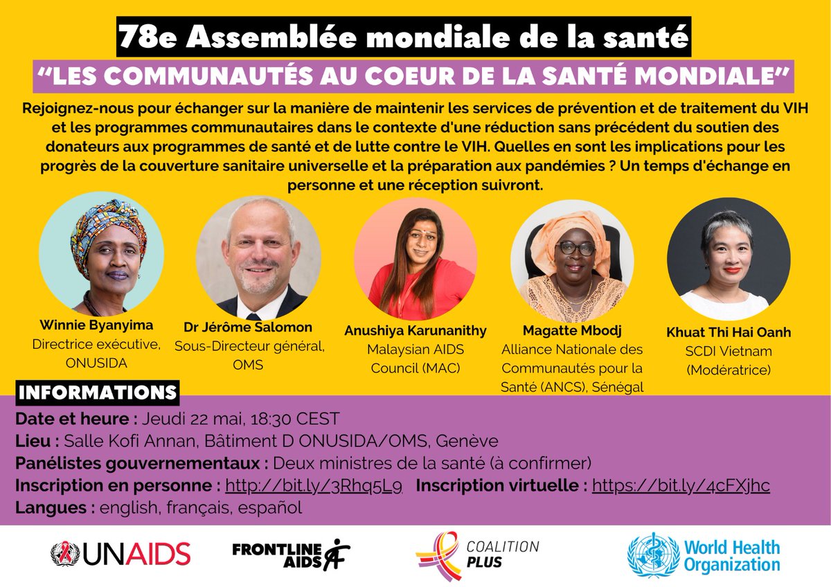 Coalition PLUS (@coalitionplus) on Twitter photo 📢 Rejoignez-nous à notre side event lors du
#WHA78 avec <a href="/frontlineaids/">Frontline AIDS</a>
Un panel de haut niveau sur le thème" Les communautés au cœur de la santé mondiale"
📅 22 mai 18h30 (CEST)
🔗 Inscrivez-vous
Présentiel ➡️ bit.ly/3Rhq5L9
En Ligne ➡️ bit.ly/4cFXjhc 📢 Rejoignez-nous à notre side event lors du
#WHA78 avec <a href="/frontlineaids/">Frontline AIDS</a>
Un panel de haut niveau sur le thème" Les communautés au cœur de la santé mondiale"
📅 22 mai 18h30 (CEST)
🔗 Inscrivez-vous
Présentiel ➡️ bit.ly/3Rhq5L9
En Ligne ➡️ bit.ly/4cFXjhc