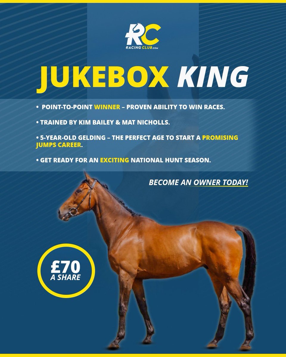 Racing Club (@racingclubvip) on Twitter photo 👑JUKEBOX KING is one of our newest recruits!
🥇He is a point winner and has gone into training with <a href="/kimbaileyracing/">Kim Bailey & Mat Nicholls Racing</a>
We are really excited about his future prospects!
✅Become an owner for just £70: racingclub.com/buy-a-racehors… 👑JUKEBOX KING is one of our newest recruits!
🥇He is a point winner and has gone into training with <a href="/kimbaileyracing/">Kim Bailey & Mat Nicholls Racing</a>
We are really excited about his future prospects!
✅Become an owner for just £70: racingclub.com/buy-a-racehors…