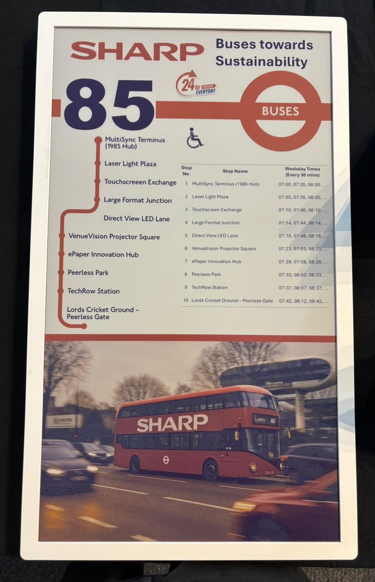 Very creative use of the #Sharp #ePaper #Display at #TheAVShowcase - ideal for timetables or any static content, our Jack Wilders has mocked up a very appropriate bus route! 
#sustainability #EnergyEfficiency <a href="/PeerlessAVEU/">Peerless-AV EMEA</a>
