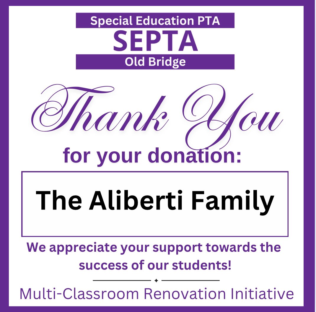 Thank you Aliberti Family for your generous donation towards our Multi-Classroom Renovation Initiative! 

Your support and generosity will make a lasting impact on the success of our  students and programs in Old Bridge!