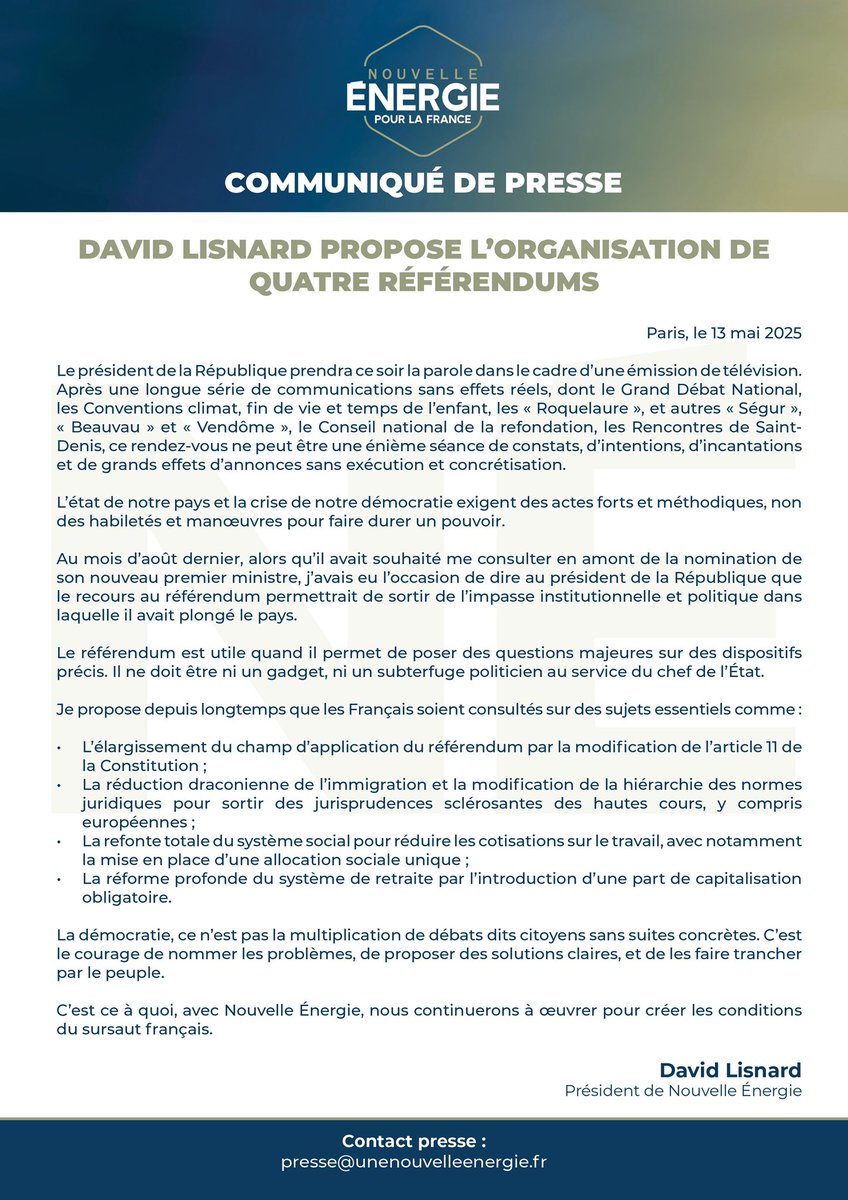📣 <a href="/davidlisnard/">David Lisnard</a> propose 4 référendums : 

- la réduction draconienne de l’immigration

- la refonte totale du système social notamment avec la mise en place d’une allocation sociale unique

- la réforme du système de retraite par l’introduction d’un étage de retraite par