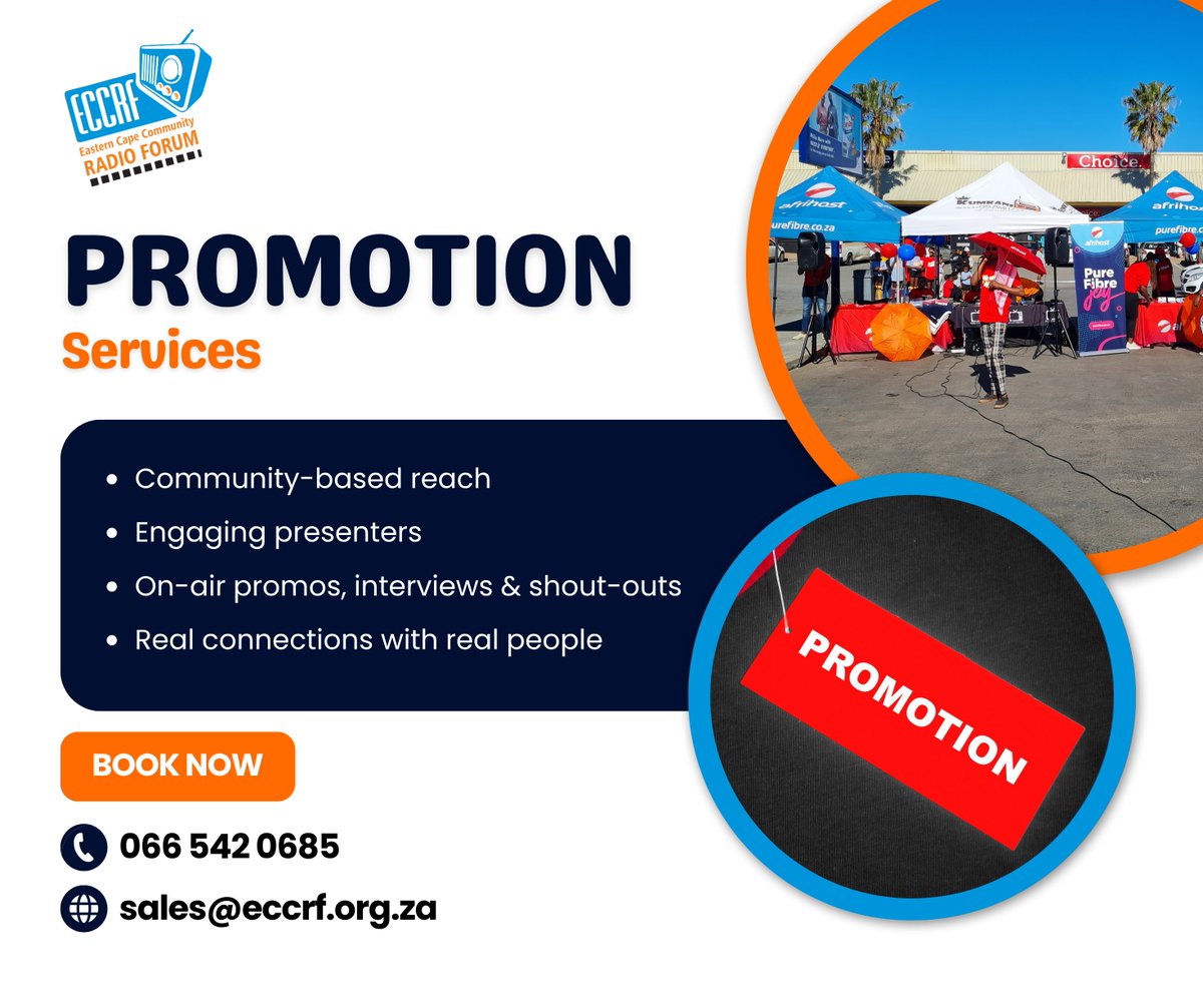 📢 Boost your brand with ECCRF.

Get your message heard across the Eastern Cape with our powerful Promotion Services.

🎙️ On-air promos, interviews &amp; shout-outs
📞 Reach your community today on 066 542 0685.

#promotions 
#services 
#radio