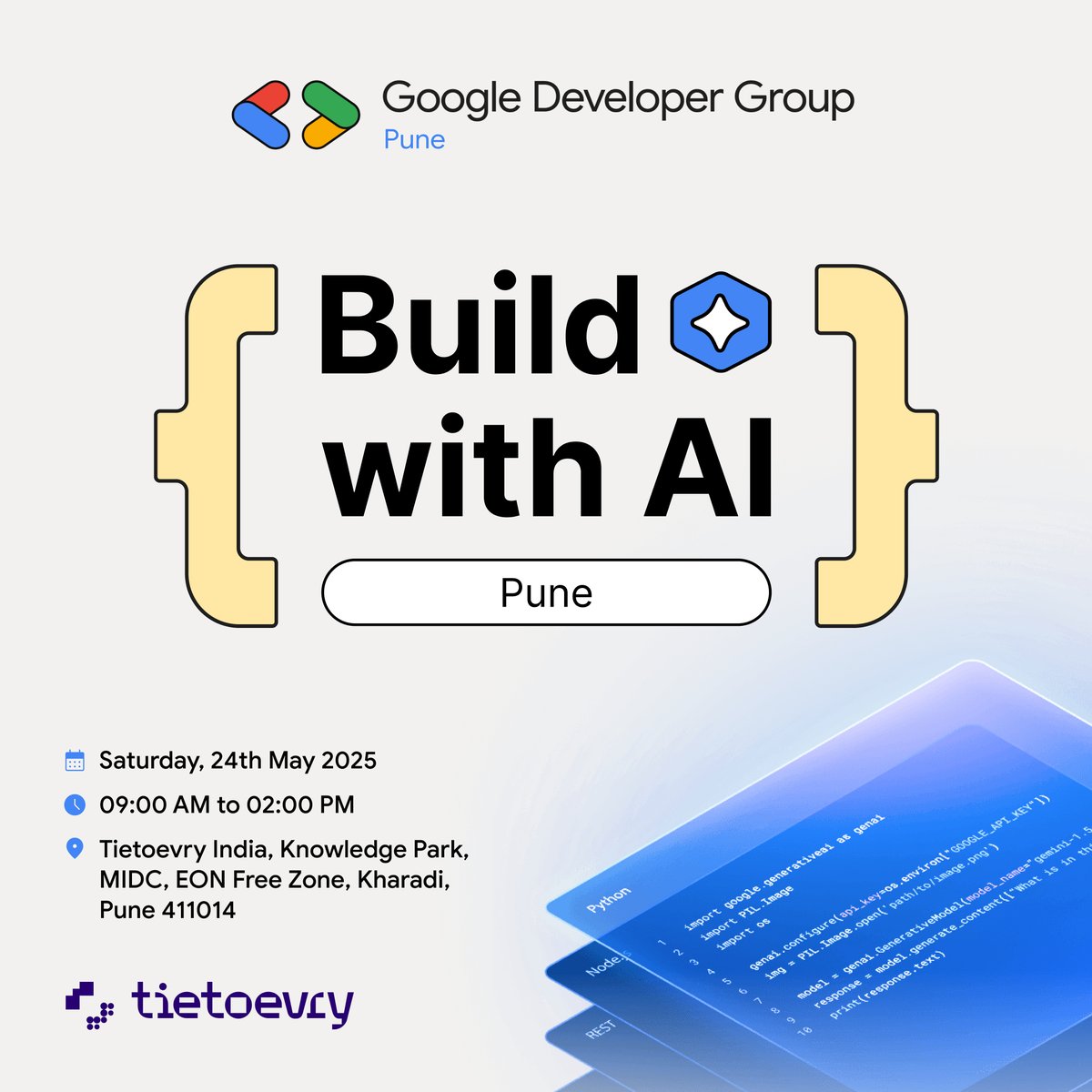 🤖Build with AI in association with <a href="/Tietoevry/">Tietoevry</a>  Pune

Join us!
📍Where? Tietoevry, EON Free Zone, Kharadi, Pune 411014
🗓When? Saturday, May 24, 2025 | 09:00 AM – 02:00 PM

Registration Link : gdg.community.dev/e/mvmq98/

Stay tuned for more updates!

#BuildWithAI #GDGPune #AIForAll