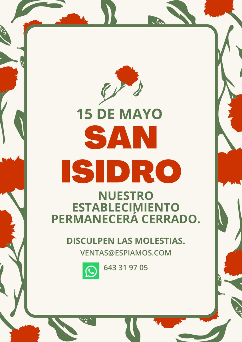 📢 El jueves 15 de mayo, con motivo de San Isidro, nuestra tienda física estará cerrada.
🛒 Compra online 24/7 en 👉 espiamos.com
📲 Escríbenos por WhatsApp si lo necesitas: +34 643  31 97 05
#SanIsidro #Espiamos #Seguridad