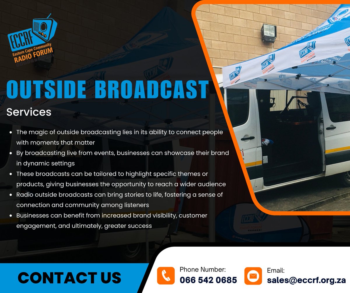 🚐🎙️ We Bring the Radio to YOU.

With ECCRF Outside Broadcasts, your event goes LIVE on-air — right from the action.

🎧 Engaging, mobile and community-driven.
📞 Book your OB today on 066 542 0685

#outsidebroadcast
#broadcast 
#business