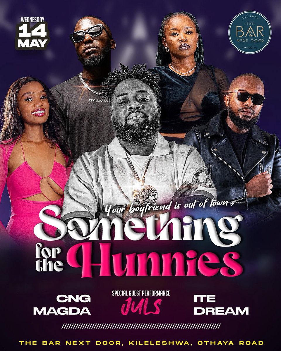 BND presents <a href="/JulsOnIt/">Juls baby</a> for Something For The Hunnies this Wednesday alongside <a href="/djdreamkenya/">.</a> <a href="/CNGtheDJ/">#dreamchaserafrica</a> Ite and Magda.
Join the award winning producer, chat topping dj and songwriter. 
Expect a blend of Afrobeats, highlife, hip-hop, and soulful rhythms and  Nairobi's best sounds.